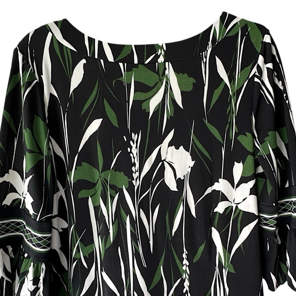 ANN TAYLOR LOFT | NWOT FLORAL BELL SLEEVE SHIFT DRESS BLACK WHITE GREEN | SIZE 6 - Picture 10 of 12